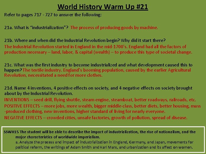 World History Warm Up #21 Refer to pages 717 - 727 to answer the