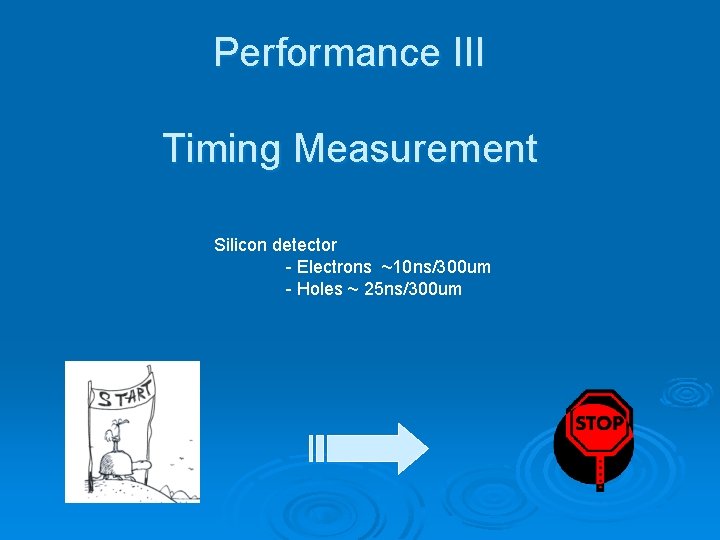 Performance III Timing Measurement Silicon detector - Electrons ~10 ns/300 um - Holes ~