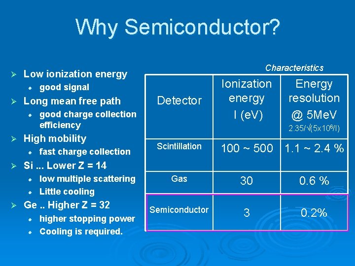 Why Semiconductor? Ø Low ionization energy l Ø fast charge collection Ionization energy I