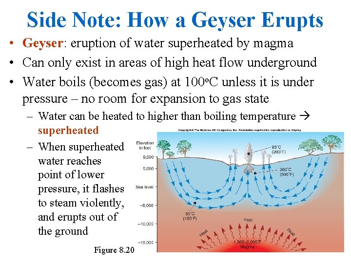 Side Note: How a Geyser Erupts • Geyser: eruption of water superheated by magma