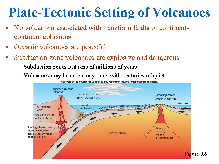 Plate-Tectonic Setting of Volcanoes • No volcanism associated with transform faults or continent collisions