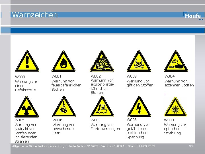 Warnzeichen W 000 Warnung vor einer Gefahrstelle W 001 Warnung vor feuergefährlichen Stoffen W