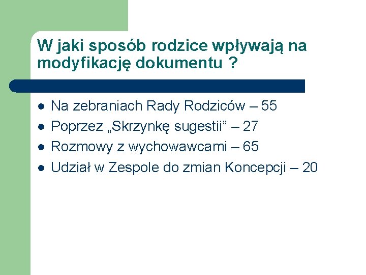 W jaki sposób rodzice wpływają na modyfikację dokumentu ? l l Na zebraniach Rady