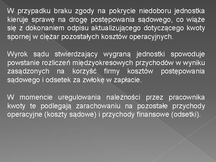 W przypadku braku zgody na pokrycie niedoboru jednostka kieruje sprawę na drogę postępowania sądowego,