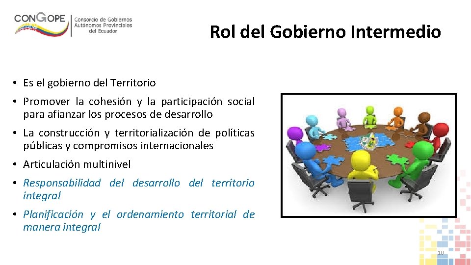 Rol del Gobierno Intermedio • Es el gobierno del Territorio • Promover la cohesión