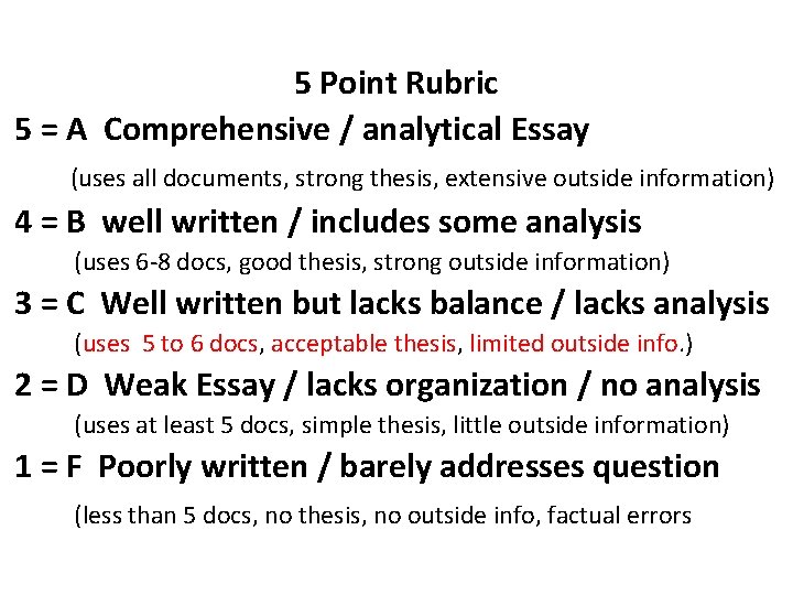 5 Point Rubric 5 = A Comprehensive / analytical Essay (uses all documents, strong