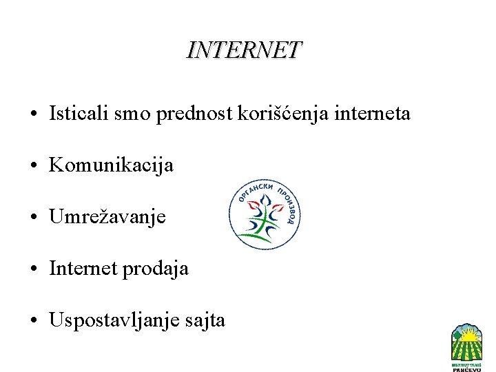 INTERNET • Isticali smo prednost korišćenja interneta • Komunikacija • Umrežavanje • Internet prodaja