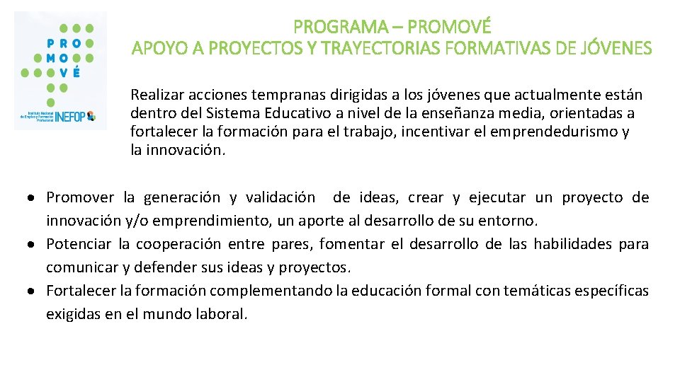 PROGRAMA – PROMOVÉ APOYO A PROYECTOS Y TRAYECTORIAS FORMATIVAS DE JÓVENES Realizar acciones tempranas