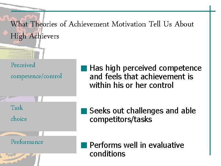 What Theories of Achievement Motivation Tell Us About High Achievers Perceived competence/control Has high What Theories of Achievement Motivation Tell Us About High Achievers Perceived competence/control Has high