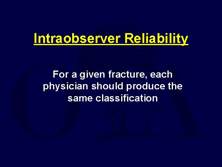 Intraobserver Reliability For a given fracture, each physician should produce the same classification 