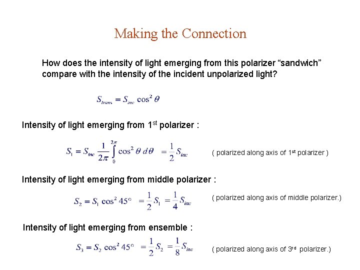 Making the Connection How does the intensity of light emerging from this polarizer “sandwich”