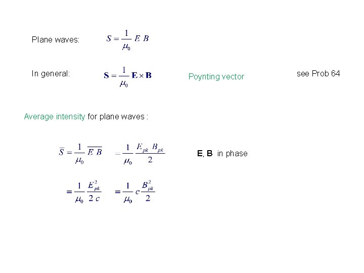 Plane waves: In general: Poynting vector Average intensity for plane waves : E, B