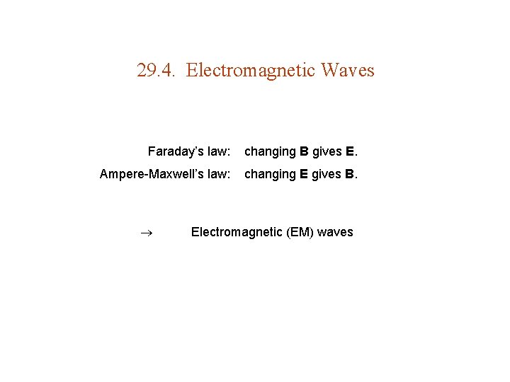 29. 4. Electromagnetic Waves Faraday’s law: changing B gives E. Ampere-Maxwell’s law: changing E