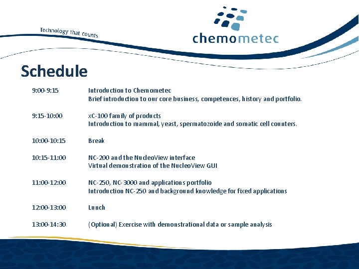 Schedule 9: 00 -9: 15 Introduction to Chemometec Brief introduction to our core business,