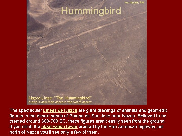 Hummingbird The spectacular Lineas de Nazca are giant drawings of animals and geometric figures