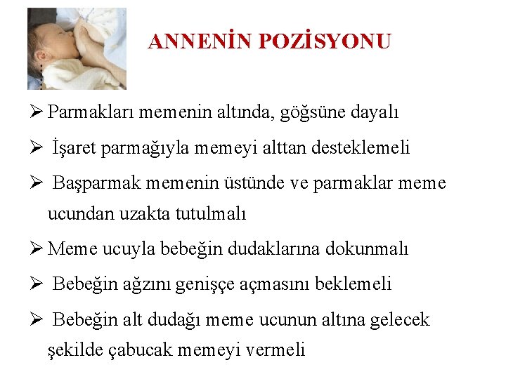 ANNENİN POZİSYONU Ø Parmakları memenin altında, göğsüne dayalı Ø İşaret parmağıyla memeyi alttan desteklemeli