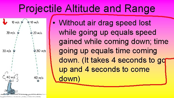 Projectile Altitude and Range • Without air drag speed lost while going up equals