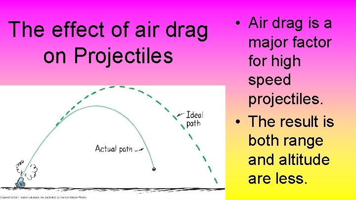The effect of air drag on Projectiles • Air drag is a major factor