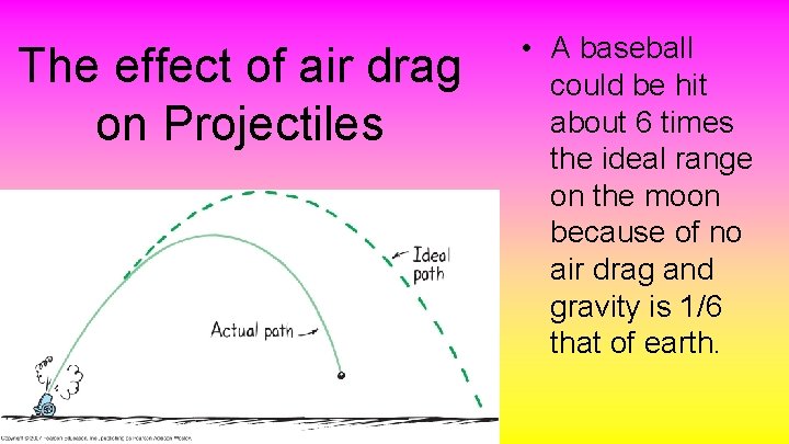 The effect of air drag on Projectiles • A baseball could be hit about