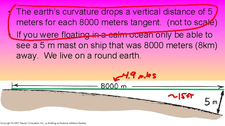  • The earth’s curvature drops a vertical distance of 5 meters for each