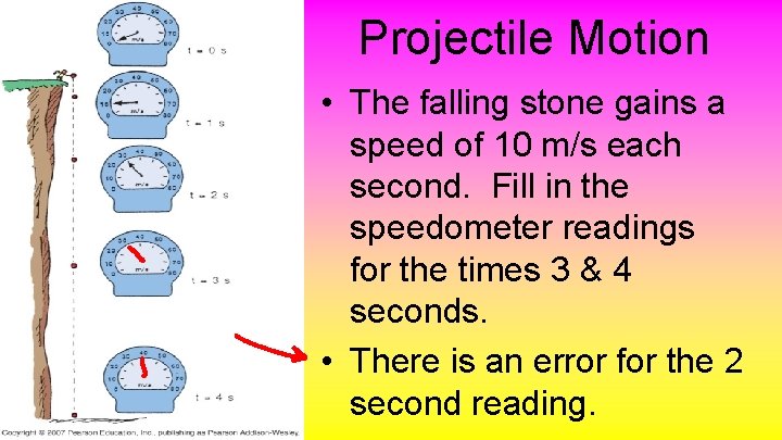 Projectile Motion • The falling stone gains a speed of 10 m/s each second.