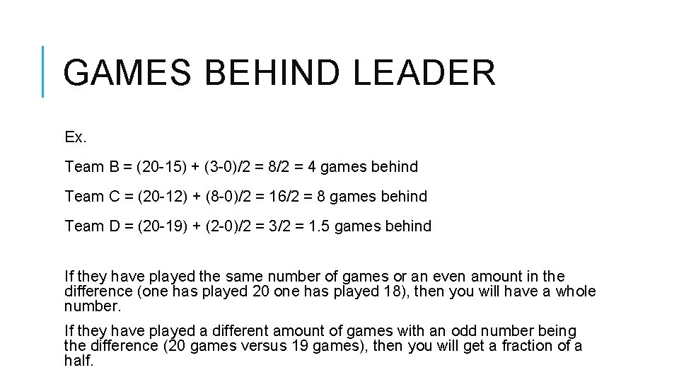 GAMES BEHIND LEADER Ex. Team B = (20 -15) + (3 -0)/2 = 8/2