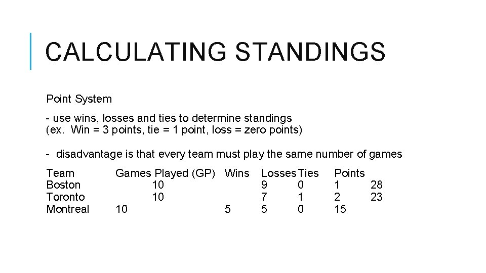 CALCULATING STANDINGS Point System - use wins, losses and ties to determine standings (ex.