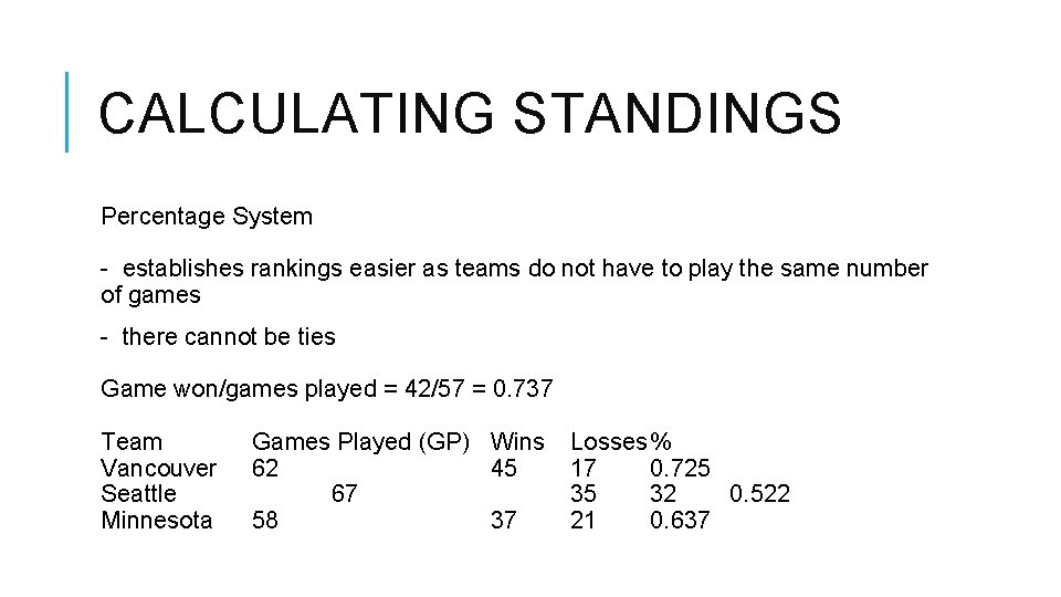 CALCULATING STANDINGS Percentage System - establishes rankings easier as teams do not have to