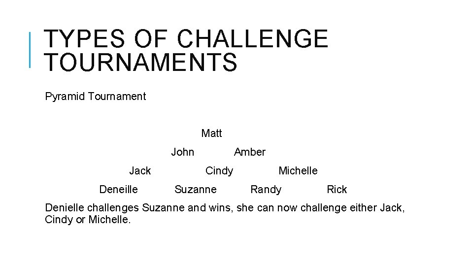 TYPES OF CHALLENGE TOURNAMENTS Pyramid Tournament Matt John Jack Deneille Amber Cindy Suzanne Michelle