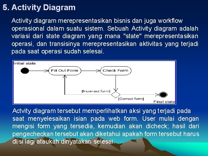 5. Activity Diagram Activity diagram merepresentasikan bisnis dan juga workflow operasional dalam suatu sistem.