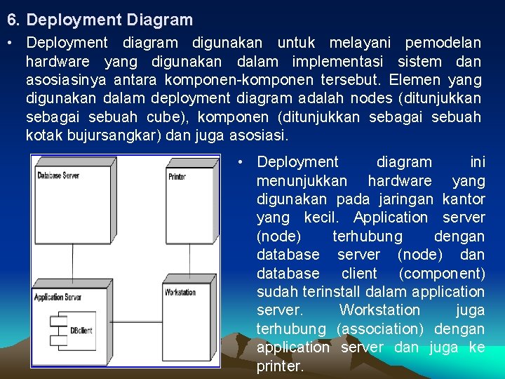 6. Deployment Diagram • Deployment diagram digunakan untuk melayani pemodelan hardware yang digunakan dalam