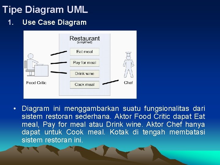 Tipe Diagram UML 1. Use Case Diagram • Diagram ini menggambarkan suatu fungsionalitas dari