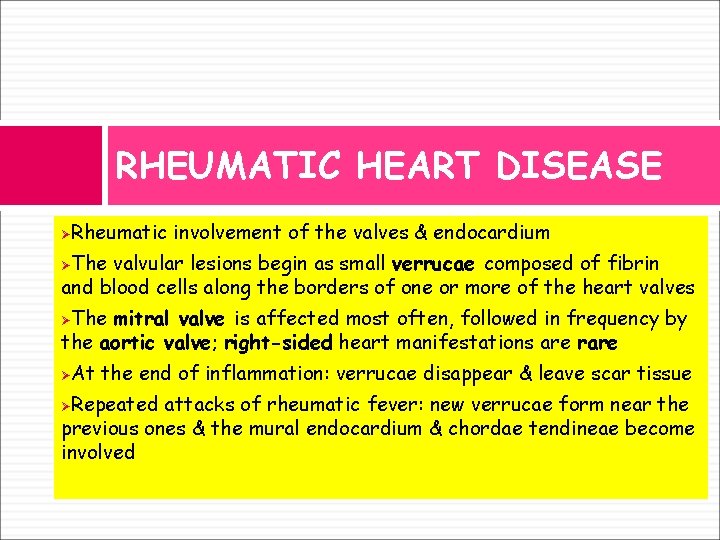 RHEUMATIC HEART DISEASE Rheumatic involvement of the valves & endocardium Ø The valvular lesions