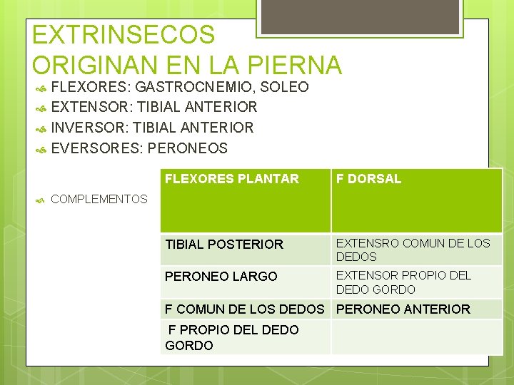 EXTRINSECOS ORIGINAN EN LA PIERNA FLEXORES: GASTROCNEMIO, SOLEO EXTENSOR: TIBIAL ANTERIOR INVERSOR: TIBIAL ANTERIOR