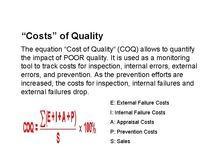 “Costs” of Quality The equation “Cost of Quality“ (COQ) allows to quantify the impact