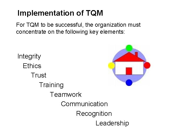Implementation of TQM For TQM to be successful, the organization must concentrate on the