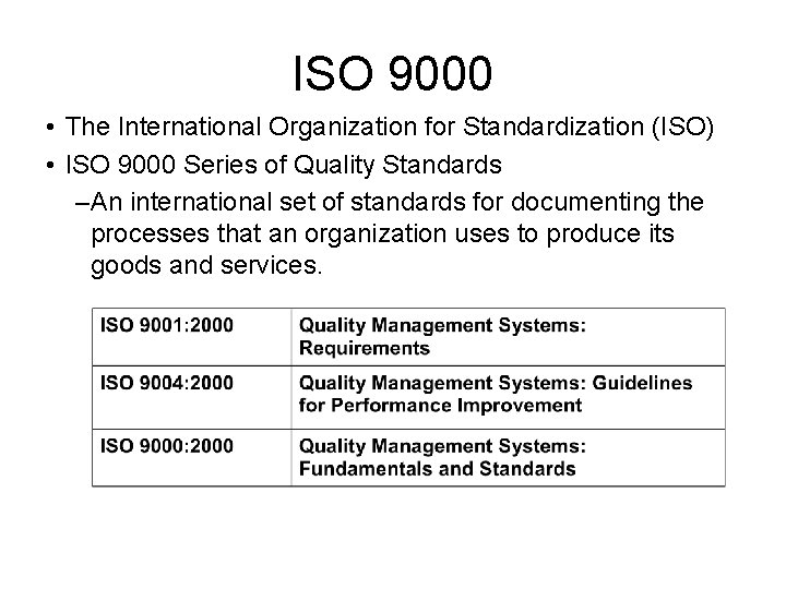 ISO 9000 • The International Organization for Standardization (ISO) • ISO 9000 Series of