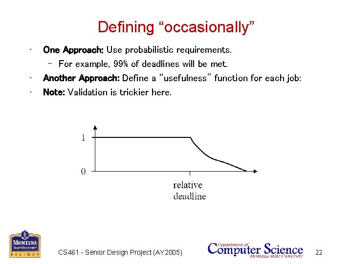 Defining “occasionally” • • • One Approach: Use probabilistic requirements. – For example, 99%