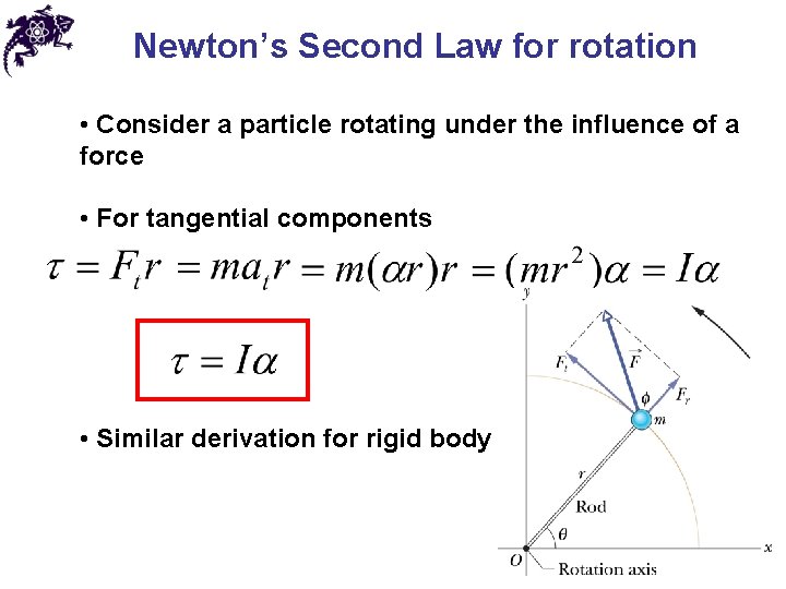 Newton’s Second Law for rotation • Consider a particle rotating under the influence of