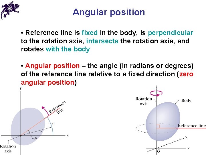 Angular position • Reference line is fixed in the body, is perpendicular to the
