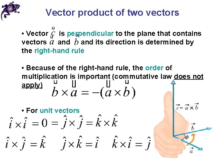 Vector product of two vectors • Vector is perpendicular to the plane that contains