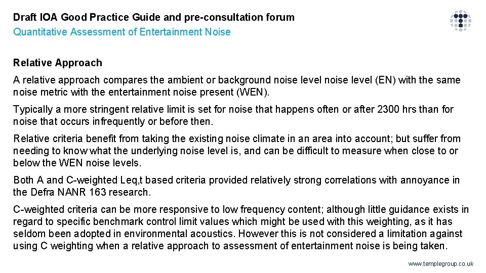 Draft IOA Good Practice Guide and pre-consultation forum Quantitative Assessment of Entertainment Noise Relative