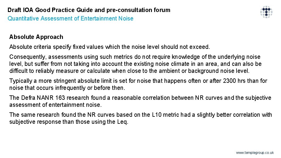 Draft IOA Good Practice Guide and pre-consultation forum Quantitative Assessment of Entertainment Noise Absolute