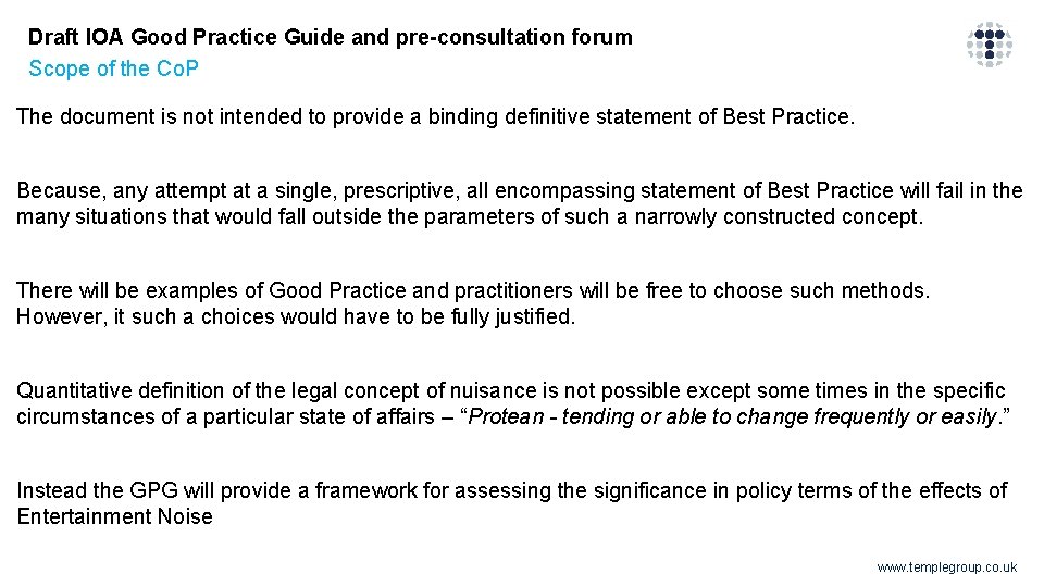 Draft IOA Good Practice Guide and pre-consultation forum Scope of the Co. P The Draft IOA Good Practice Guide and pre-consultation forum Scope of the Co. P The