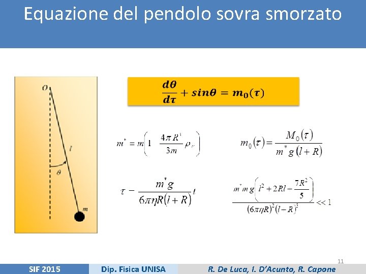 Equazione del pendolo sovra smorzato SIF 2015 Dip. Fisica UNISA R. De Luca, I.