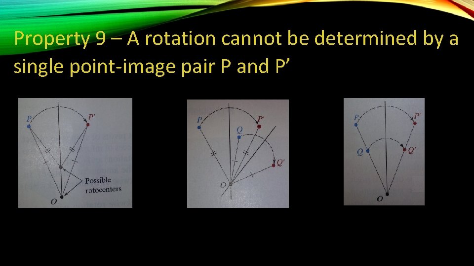 Property 9 – A rotation cannot be determined by a single point-image pair P Property 9 – A rotation cannot be determined by a single point-image pair P