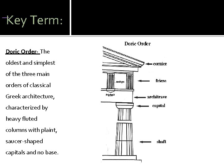  Key Term: Doric Order- The oldest and simplest of the three main orders