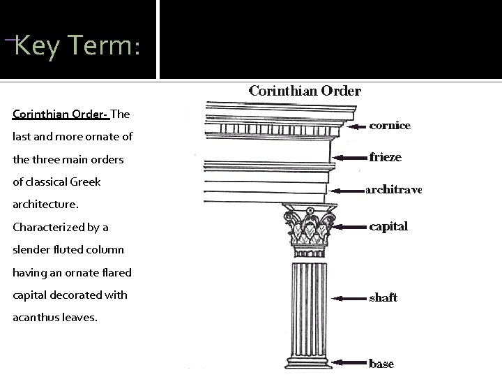  Key Term: Corinthian Order- The last and more ornate of the three main