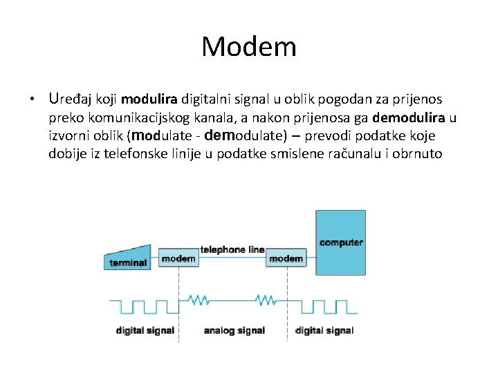 Modem • Uređaj koji modulira digitalni signal u oblik pogodan za prijenos preko komunikacijskog