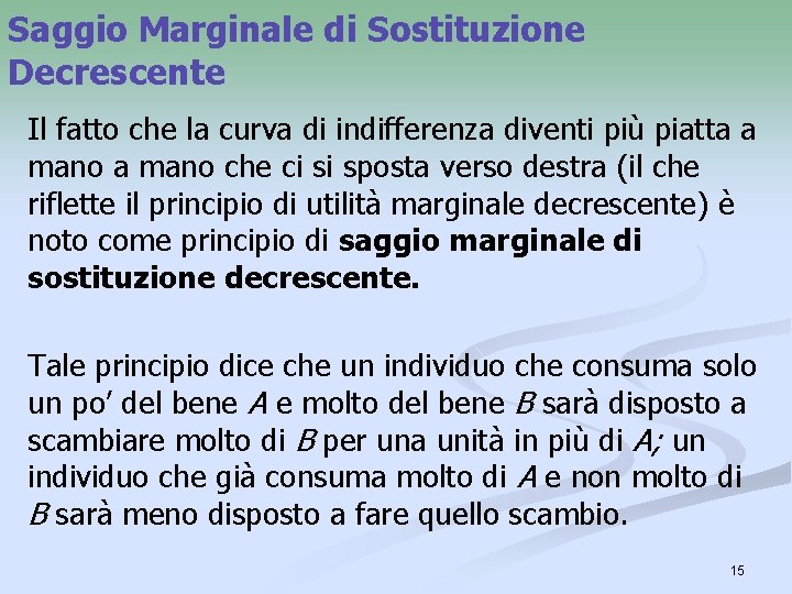 Saggio Marginale di Sostituzione Decrescente Il fatto che la curva di indifferenza diventi più Saggio Marginale di Sostituzione Decrescente Il fatto che la curva di indifferenza diventi più